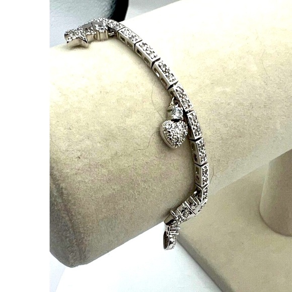 925 Sterling Silver Bracelet With Heart & Star Charms Cubic Zirconias    M12 - Picture 3 of 7